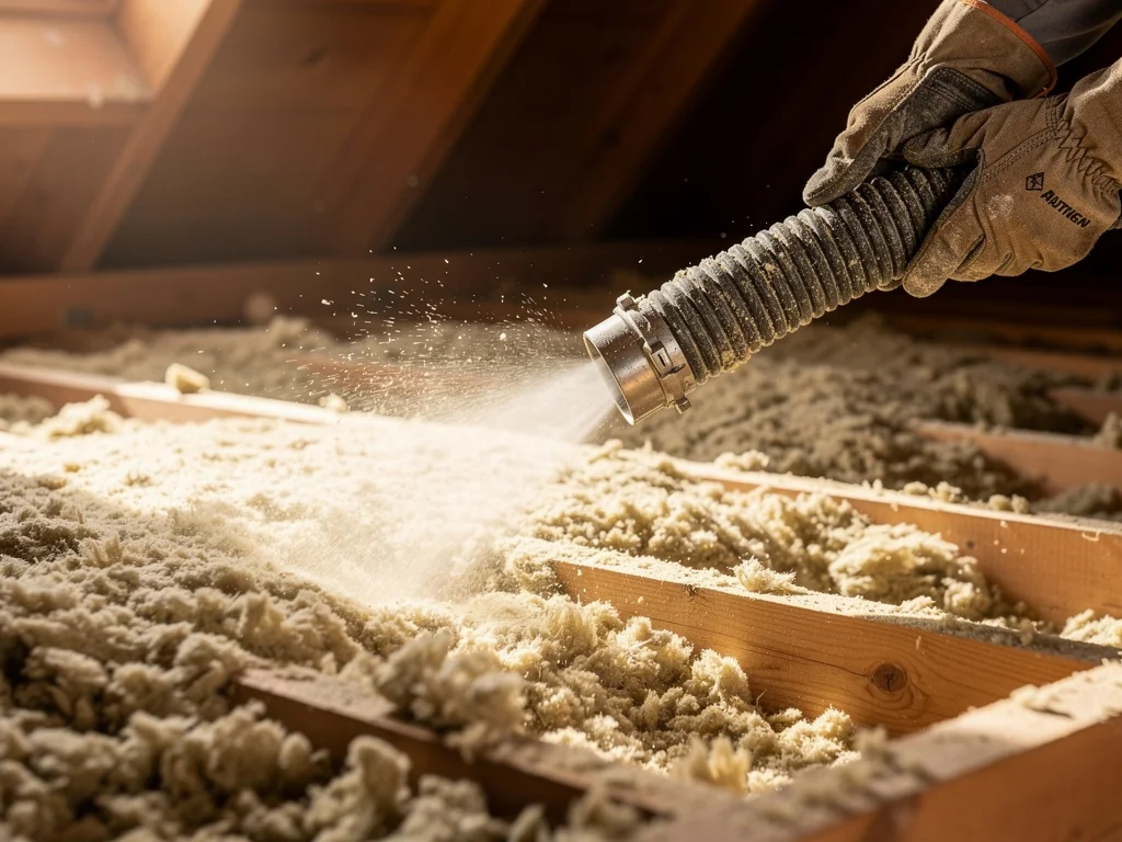 Soufflage de laine minérale en flocons sur le plancher de combles perdus