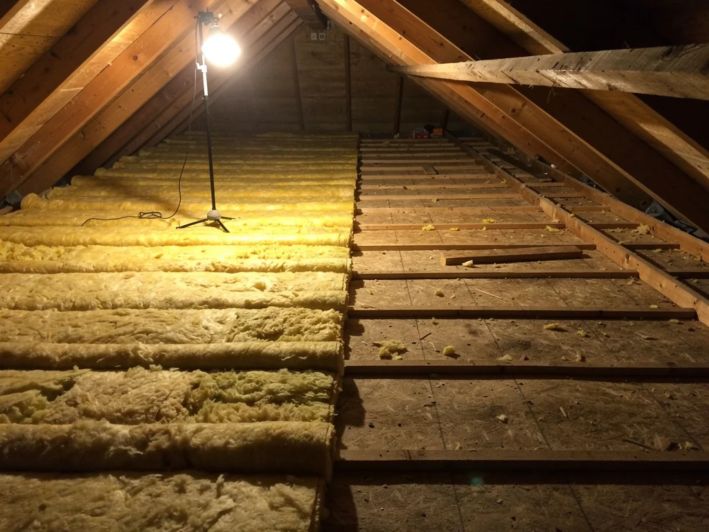 Rouleaux de laine minérale déroulés sur le plancher de combles perdus
